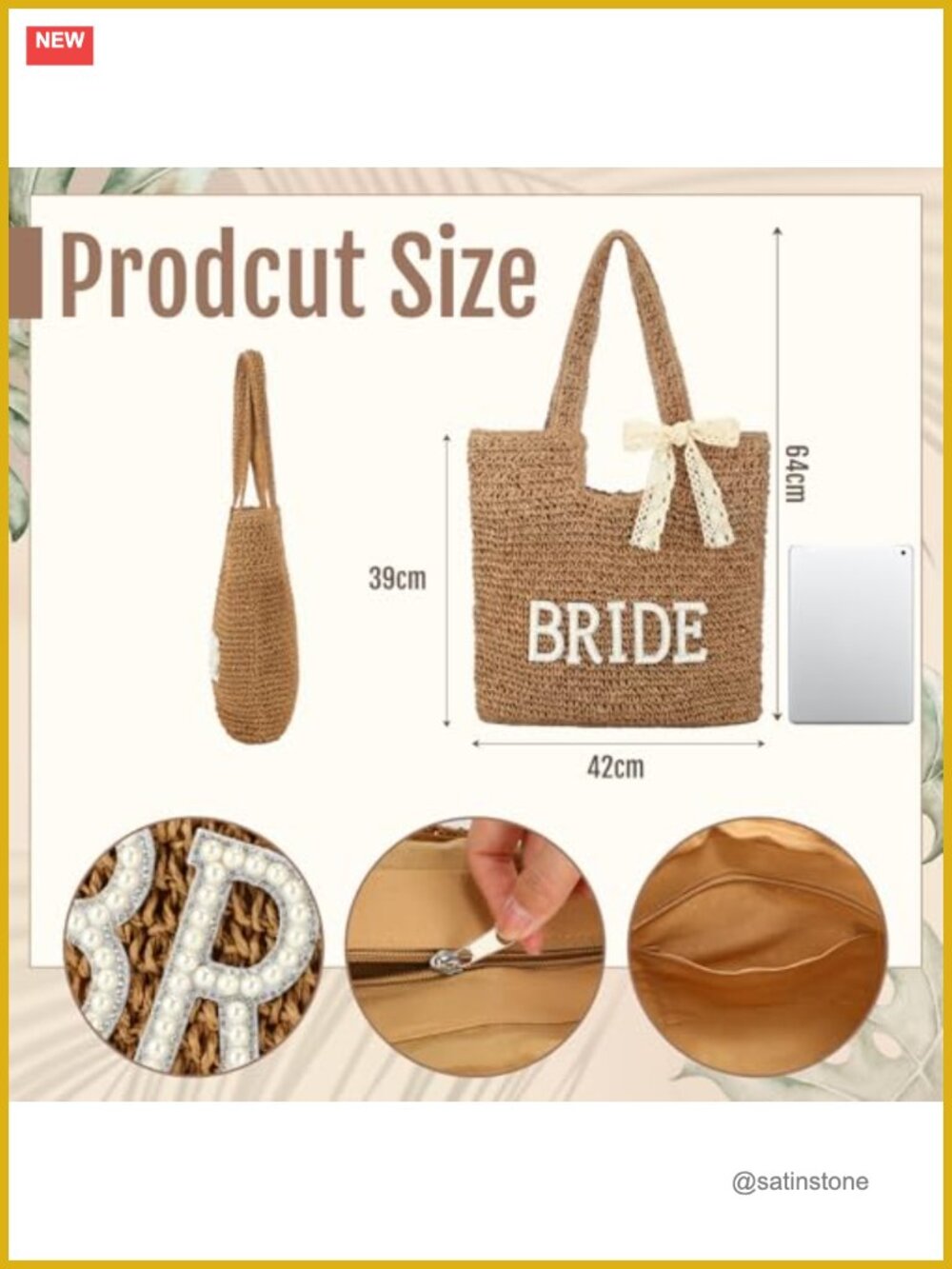 BRIDE Straw Tote Bag Rhinestone Patch Lace Bow Hair Tie Beach Honeymoon Wedding - Picture 2 of 7